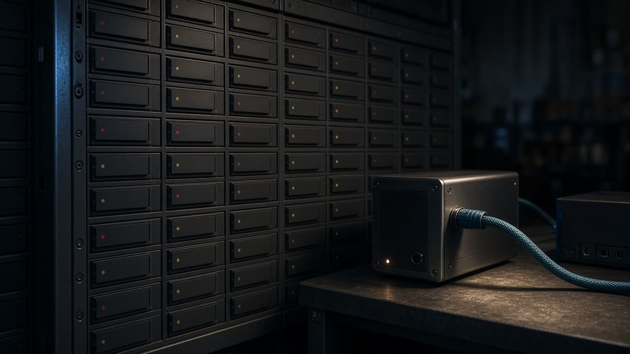 A wall of catalog drawers beside one machine with a teal cable running to a second box.