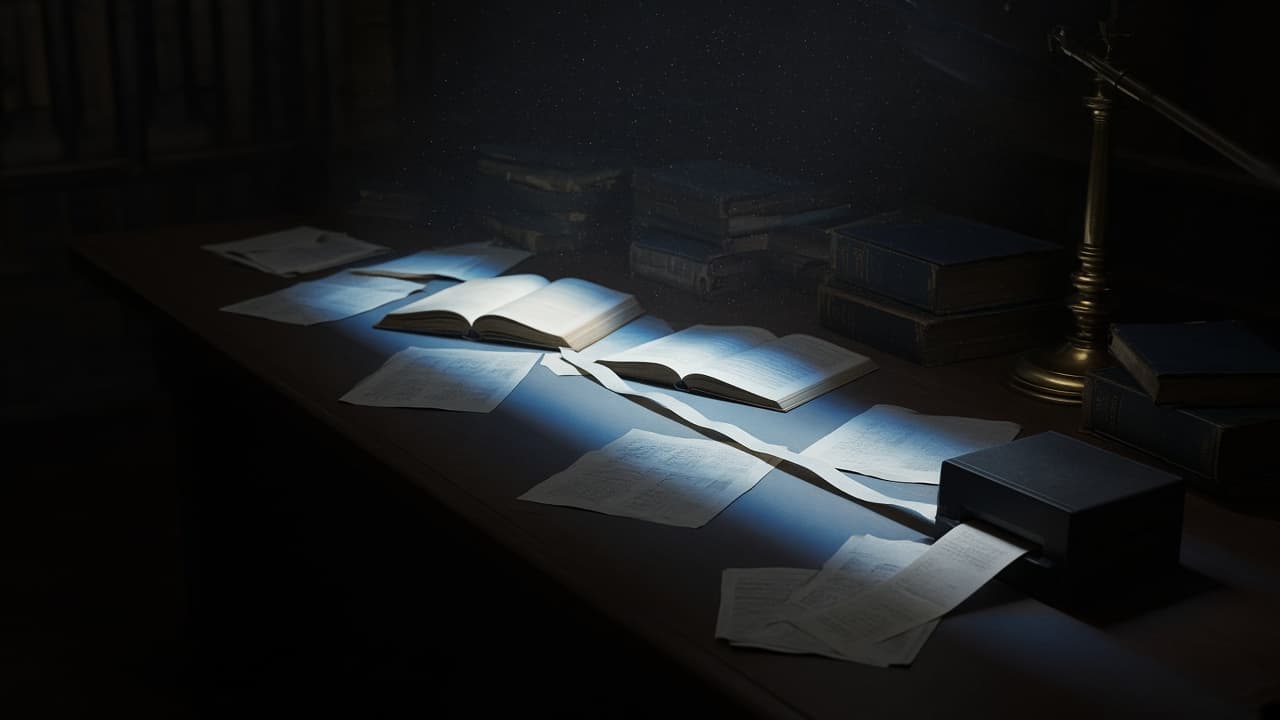 Open books and loose pages on a dark library table, feeding a strip of paper into a small black box.