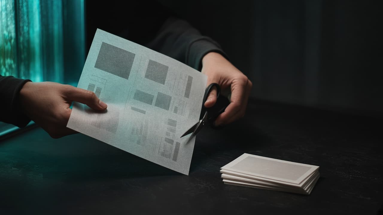 Hands cutting a printed web layout into clean cards on a dark table, lit teal from a window.