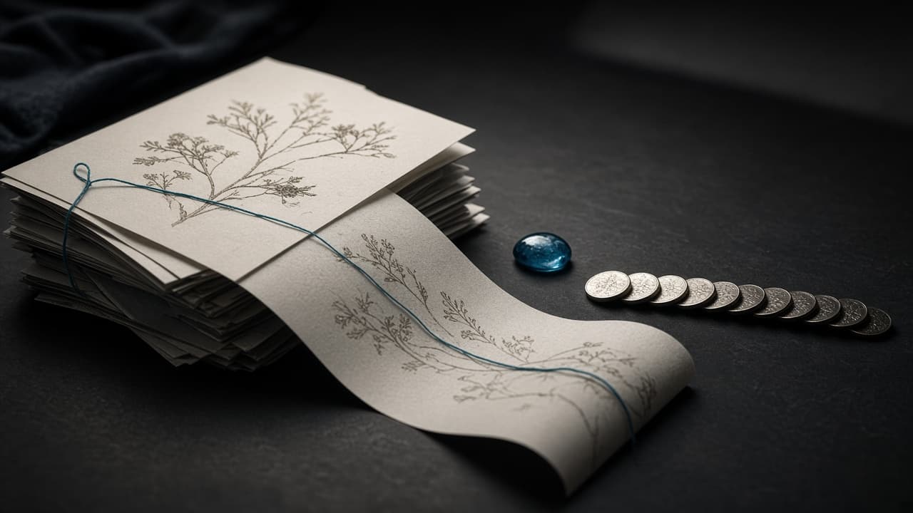 A stack of printed pages unrolling on a dark desk, tied with teal thread, next to a row of metal tokens.